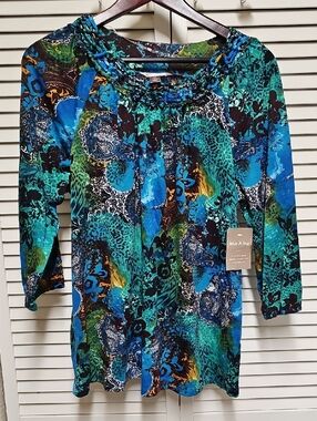 NWT White Stag Multicolor Teal & Blue Printed Tunic W 3/4 Sleeves Sz L